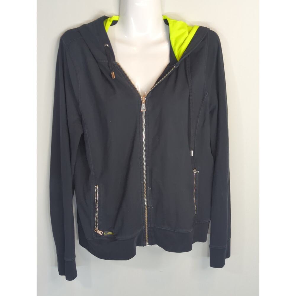 L-RL Lauren Active Black Lime‎ Green Hooded Full Zip Jacket Womens L Atheisure